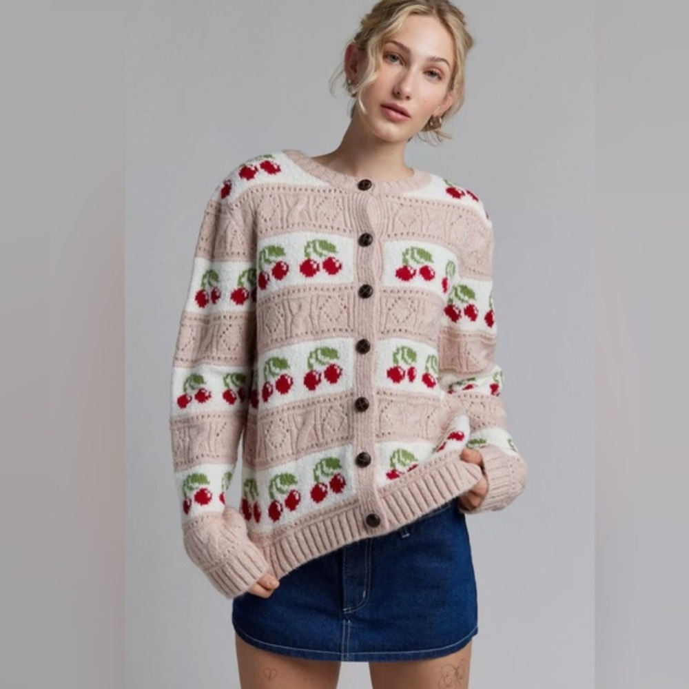 Kimchi Blue Cherry Knit Cardigan Sweater XS Cottagecore Coquette Cozy Whimsy